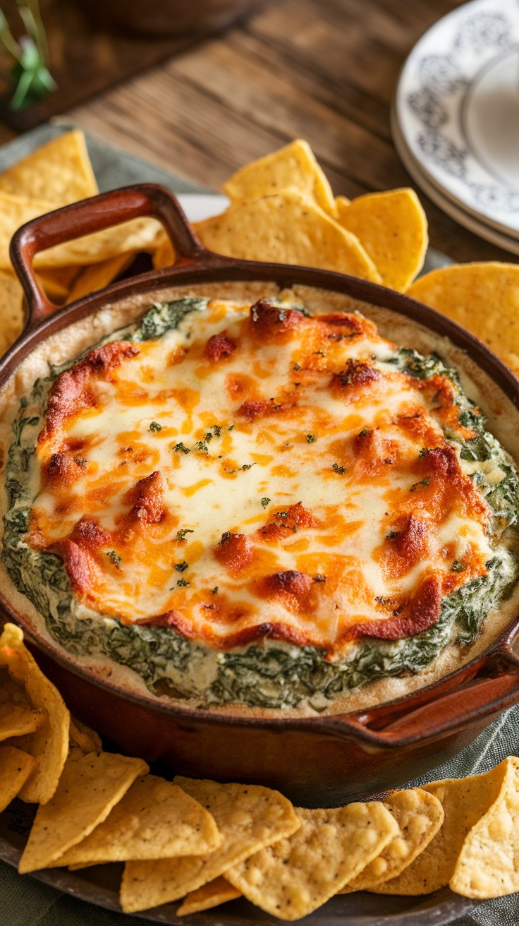 Warm cheesy spinach dip in a rustic dish with tortilla chips on the side.